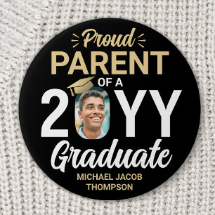 Badge Rond 7,6 Cm Diplômé Photo Parent Fier Élégant Noir et Or