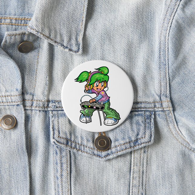 Badge Rond 7,6 Cm DJ Girl avec cheveux verts et casques (Créateur téléchargé)