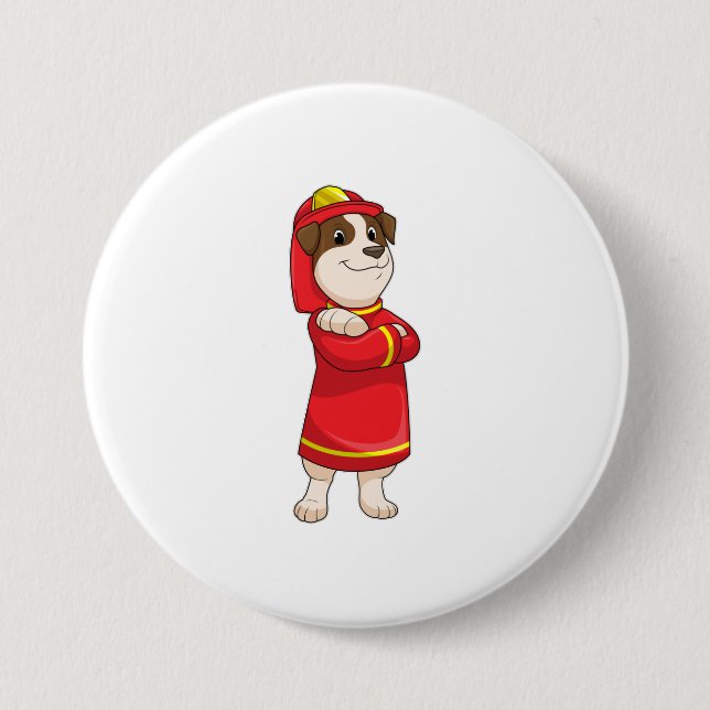 Badge Rond 7,6 Cm Dog as Firefighter with Helmet (Devant)