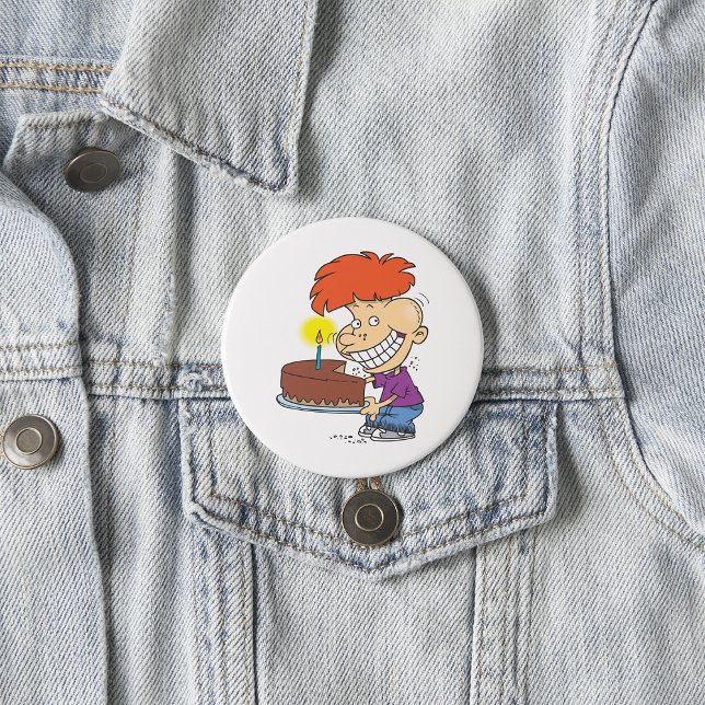 Badge Rond 7,6 Cm Drôle caricaturiste avec gâteau d'anniversaire au  (Créateur téléchargé)