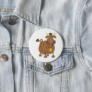 Badge Rond 7,6 Cm Drôle Cartoon Vache Brown avec Bell Animal de ferm