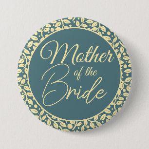 Badge Rond 7,6 Cm Elégant bleu et feuille de crème mère de la mariée