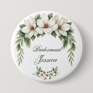 Badge Rond 7,6 Cm Elégant Magnolia Blanc Mariage Hiver Pine Tree