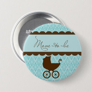Badge Rond 7,6 Cm Elégant Mère-à-être Porte-bébé et Damas bleu