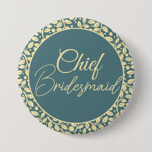Badge Rond 7,6 Cm Élégante chef d'équipe en feuilles bleues et crème