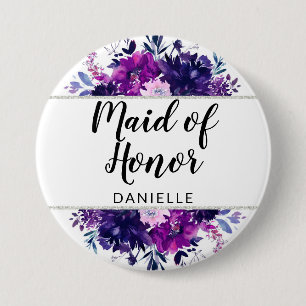 Badge Rond 7,6 Cm Enchantée Floral Purple Maid of Honor Monogrammé