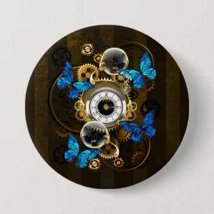 Badge Rond 7,6 Cm Engrenages à vapeur et papillons bleus