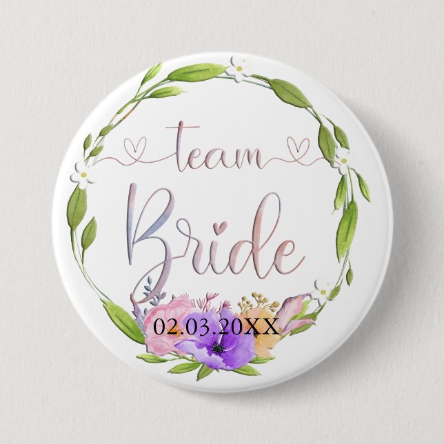 Badge Rond 7,6 Cm Équipe Mariée ! Blumen Kranz Bouton (Devant)