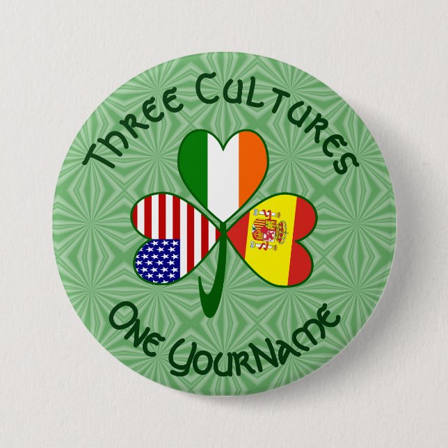 Badge Rond 7,6 Cm Espagne Irlande USA Drapeaux Shamrock Votre nom (Devant)
