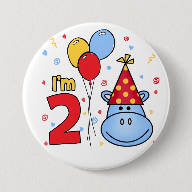 Badge Rond 7,6 Cm Face Hippo bleu 2e anniversaire (Devant)