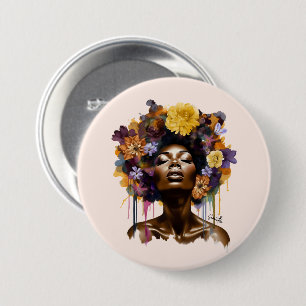 Badge Rond 7,6 Cm Femme afro-américaine aux cheveux noirs floraux (3