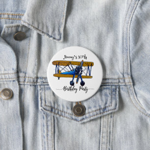 Badge Rond 7,6 Cm Fête d'anniversaire de garçons avec biplan bleu et