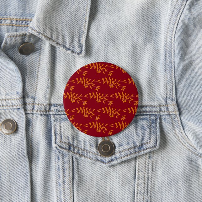 Badge Rond 7,6 Cm Feuilles de branches de silhouette orange sur roug (En situation)