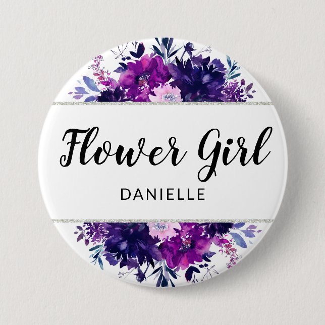 Badge Rond 7,6 Cm Fille florale violette enchantée Monogramme (Devant)