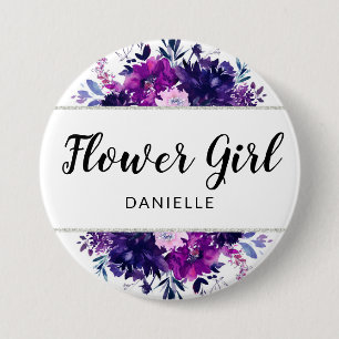 Badge Rond 7,6 Cm Fille florale violette enchantée Monogramme
