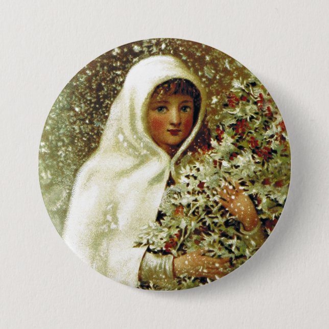 Badge Rond 7,6 Cm fille victorienne d'hiver branches de baie de houx (Devant)