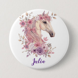Badge Rond 7,6 Cm Filles Mignon Pastel Rose Violet Cheval Monogramme