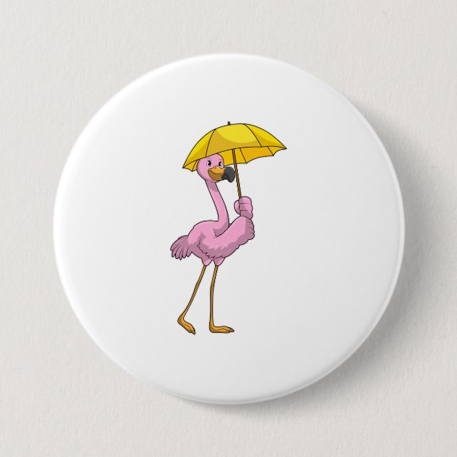Badge Rond 7,6 Cm Flamant rose à la pluie avec parapluie (Devant)