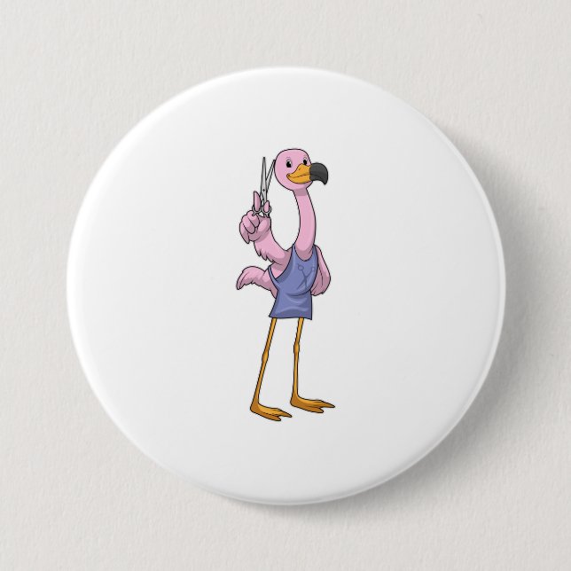 Badge Rond 7,6 Cm Flamant rose en coiffeur avec ciseaux (Devant)