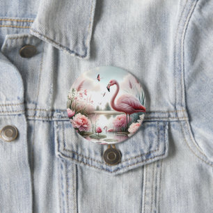 Badge Rond 7,6 Cm Flamant rose en Pastel Pond Floral Scene