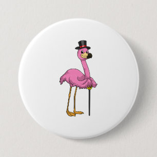 Badge Rond 7,6 Cm Flamingo as Pensioner with Walking stick