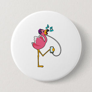 Badge Rond 7,6 Cm Flamingo at Music with Headphone