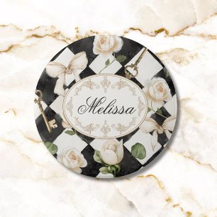 Badge Rond 7,6 Cm Fleurs de rose vintage en diamant noir et blanc Mo