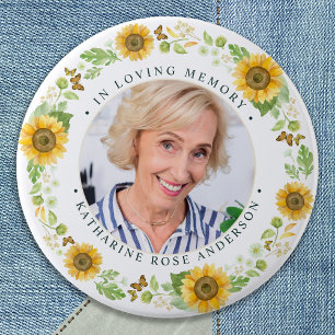 Badge Rond 7,6 Cm Fleurs de soleil personnalisées Photo funéraire