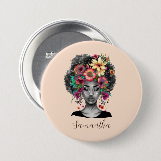 Badge Rond 7,6 Cm Floral Elegant Afro Femme (Devant & derrière)