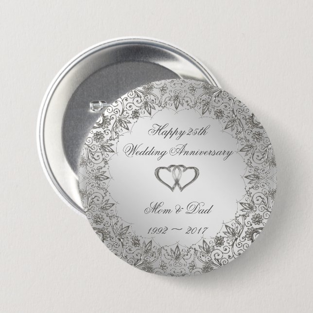 Badge Rond 7,6 Cm Flourish Silver 25e anniversaire Mariage (Devant & derrière)
