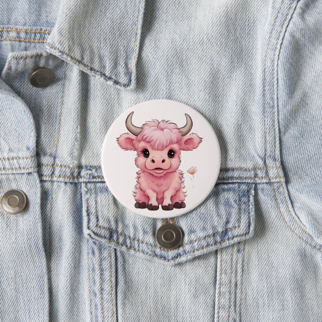 Badge Rond 7,6 Cm Fluffy Rose Highlands Scottish Cow (En situation)