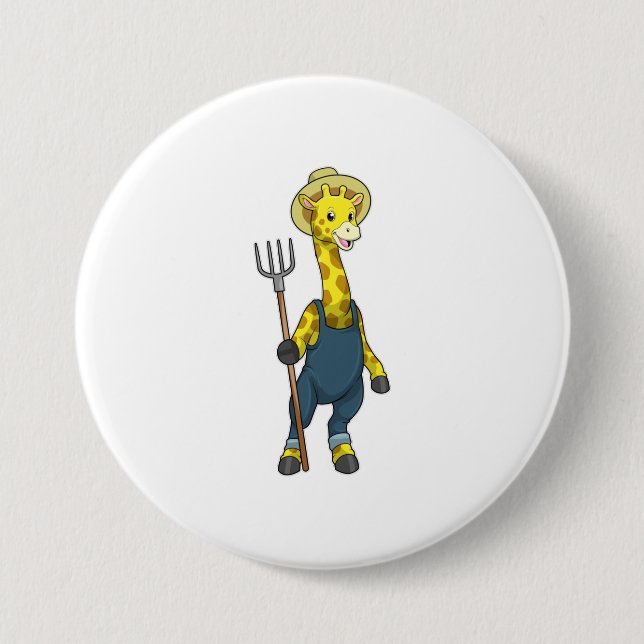 Badge Rond 7,6 Cm Giraffe en fermier avec Pitchfork (Devant)
