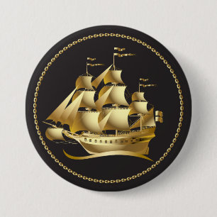 Badge Rond 7,6 Cm Gold Sailboat Nautical