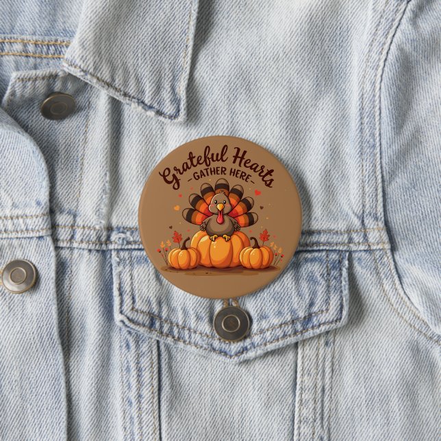Badge Rond 7,6 Cm Grateful Hearts Thanksgiving Turkey (En situation)