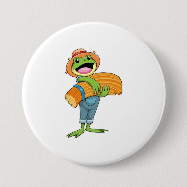 Badge Rond 7,6 Cm Grenouille en tant que fermier avec paille (Devant)