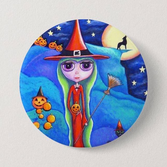 Badge Rond 7,6 Cm Halloween Wolf Witch Chat noir Cauldron Citrouille (Devant)