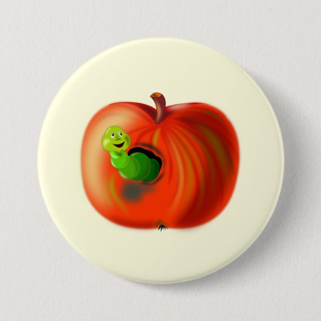 Badge Rond 7,6 Cm Happy Worm In Red Apple (Devant)