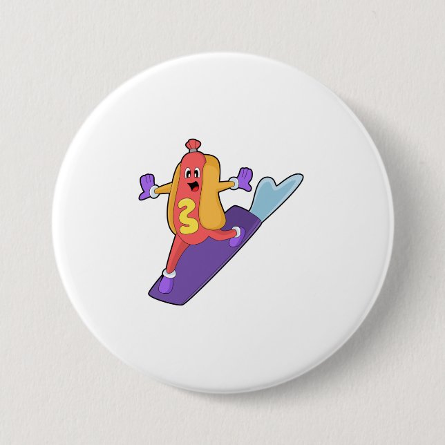 Badge Rond 7,6 Cm Hot-dog as Snowboarder with Sonowboard (Devant)