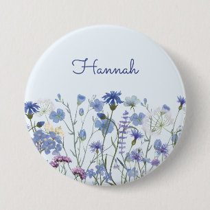 Badge Rond 7,6 Cm Jardin de fleurs sauvages à l'aquarelle bleue mono