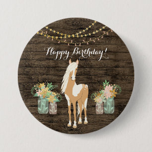 Badge Rond 7,6 Cm Joli cheval et fleurs Bois rustique Anniversaire