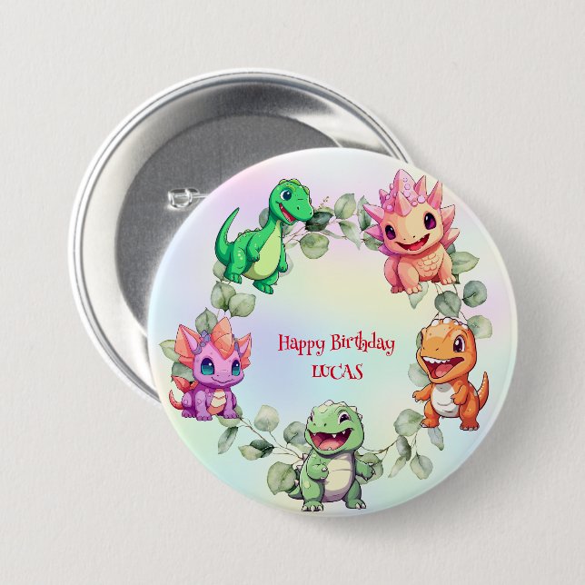 Badge Rond 7,6 Cm Jolie dinosaure jungle École enfant fête d'anniver (Devant & derrière)