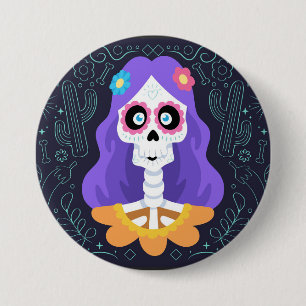 Badge Rond 7,6 Cm Jour des Morts Halloween Crâne en Sucre Bouton