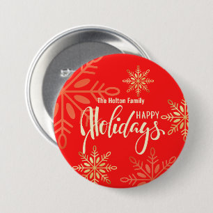 Badge Rond 7,6 Cm Joyeuses fêtes Noël or flocons rouges