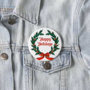 Badge Rond 7,6 Cm Joyeuses vacances Vintage Holly Noël Wreath