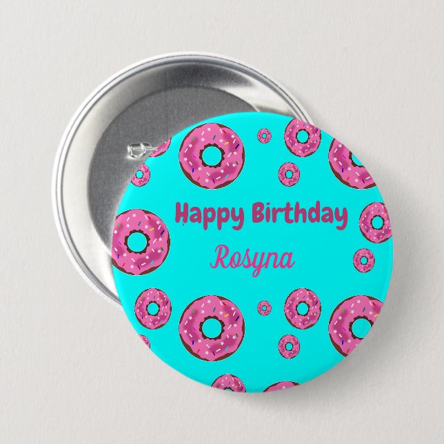 Badge Rond 7,6 Cm Joyeux anniversaire crème rose beignets bleu (Devant & derrière)