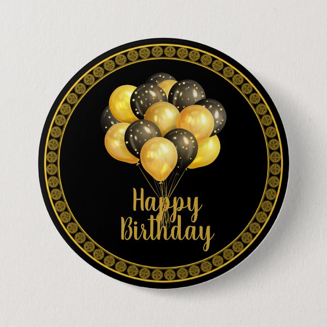 Badge Rond 7,6 Cm Joyeux anniversaire, or et noir, (Devant)