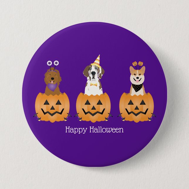 Badge Rond 7,6 Cm Joyeux Chiens D'Halloween En Citrouille (Devant)