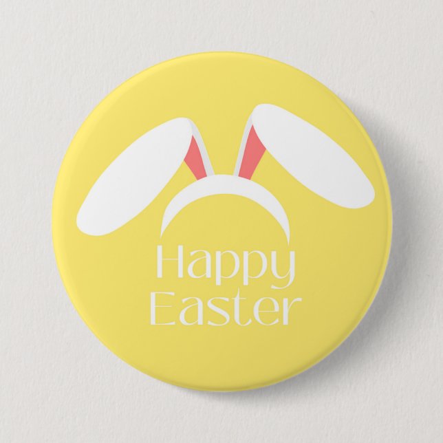 Badge Rond 7,6 Cm Joyeux Pâques blanc lapin oreilles jaune (Devant)