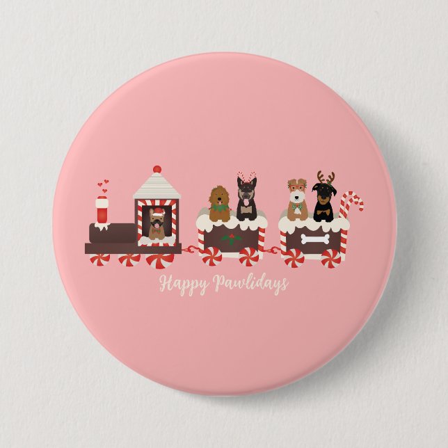 Badge Rond 7,6 Cm Joyeux Pawlidays Chien Noël Train de vacances (Devant)