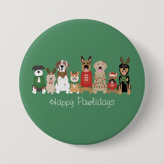 Badge Rond 7,6 Cm Joyeux Pawlidays Chiens Red Green (Devant)